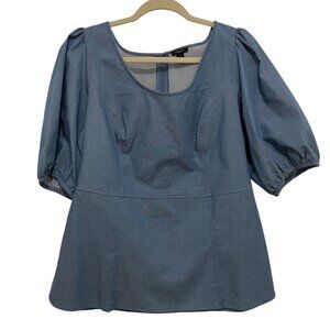 Ann Taylor Chambray Top Womens 10 Blue Puff Elastic Sleeve‎ Peplum Bottom